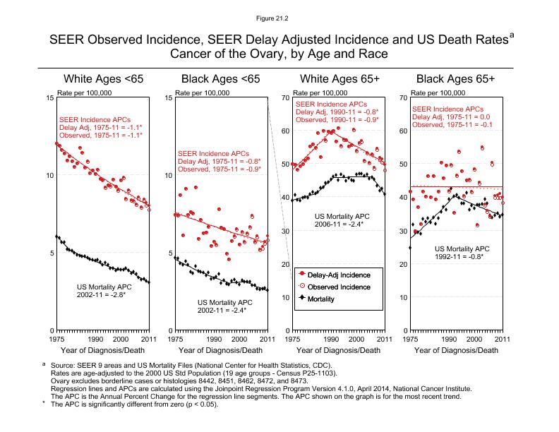 CSR Figure 21.2: SEER Incidence, Delay Adjusted Incidence and US Death Rates by Age and Race