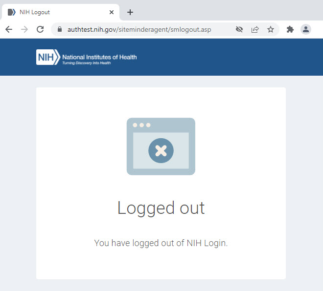 NIH Logout page displaying the message Logged out, You have logged out of NIH Login