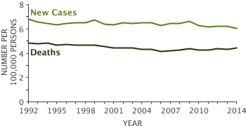 Line graph showing Number of New Cases and Deaths per 100,000 from 1992-2012
