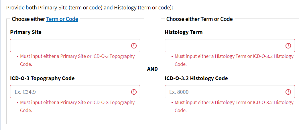 An example of the errored search form after submitting with no values set for Primary Site or Histology