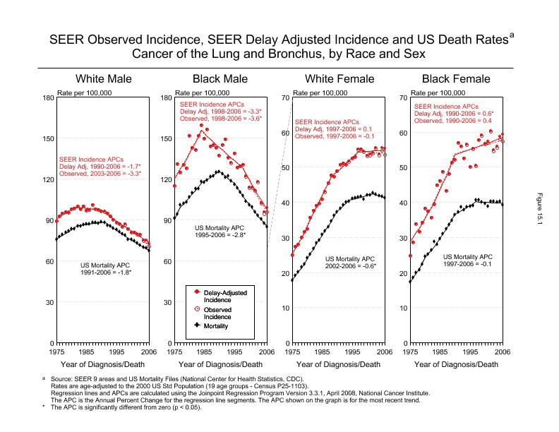 CSR Figure 15.1: SEER Incidence, Delay Adjusted Incidence and US Death Rates by Race and Sex