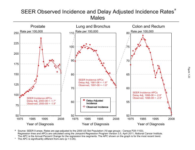 CSR Figure 1.23: SEER Incidence Rates, Males (Prostate, Lung and Bronchus, Colon and Rectum)