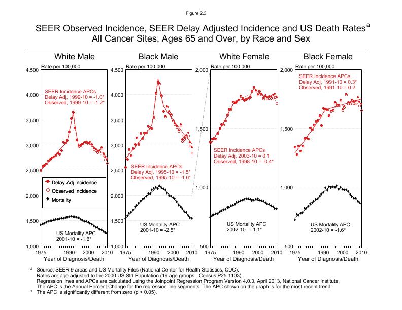 CSR Figure 2.3: SEER Incidence, Delay Adjusted Incidence and US Death Rates by Race and Sex (Ages 65+)