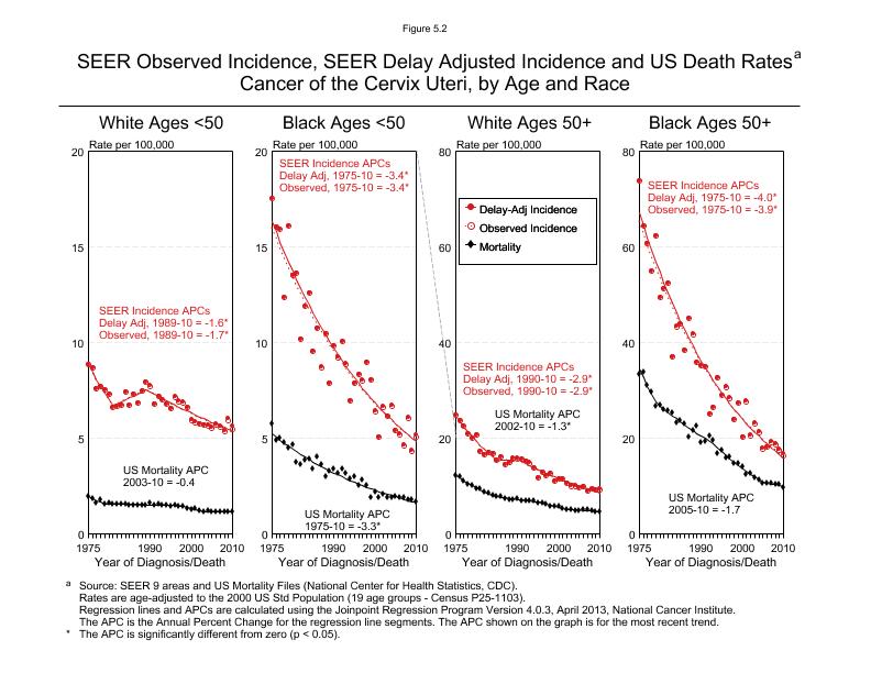 CSR Figure 5.2: SEER Incidence, Delay Adjusted Incidence and US Death Rates by Age and Race