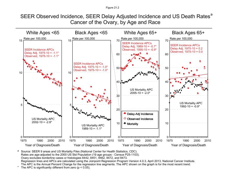CSR Figure 21.2: SEER Incidence, Delay Adjusted Incidence and US Death Rates by Age and Race