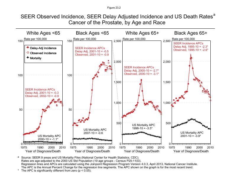 CSR Figure 23.2: SEER Incidence, Delay Adjusted Incidence and US Death Rates by Age and Race