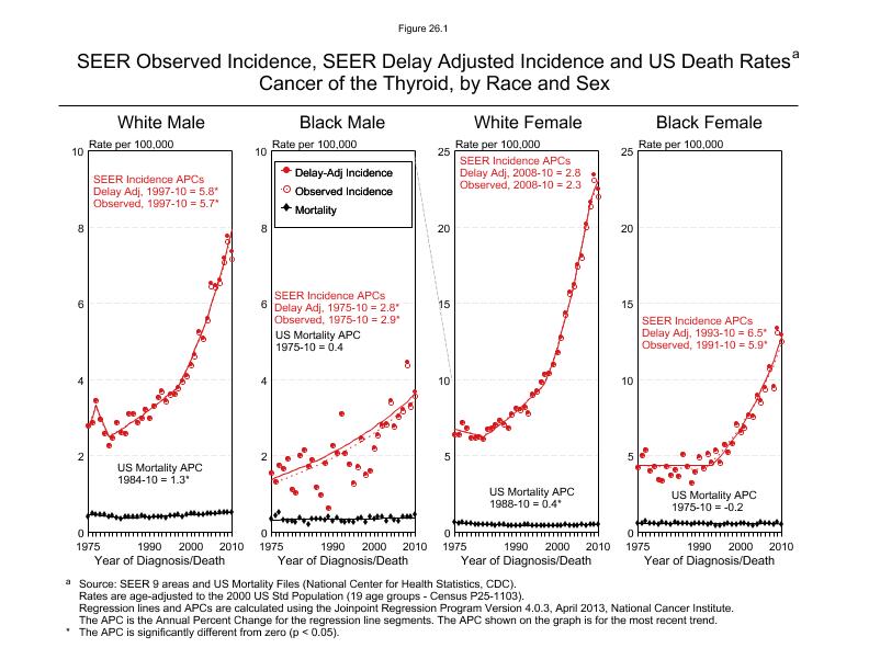 CSR Figure 26.1: SEER Incidence, Delay Adjusted Incidence and US Death Rates by Race and Sex