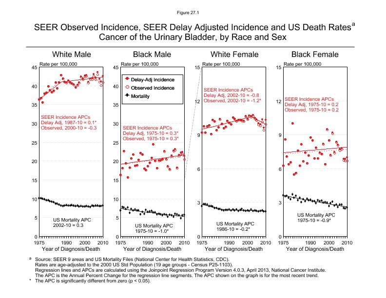 CSR Figure 27.1: SEER Incidence, Delay Adjusted Incidence and US Death Rates by Race and Sex