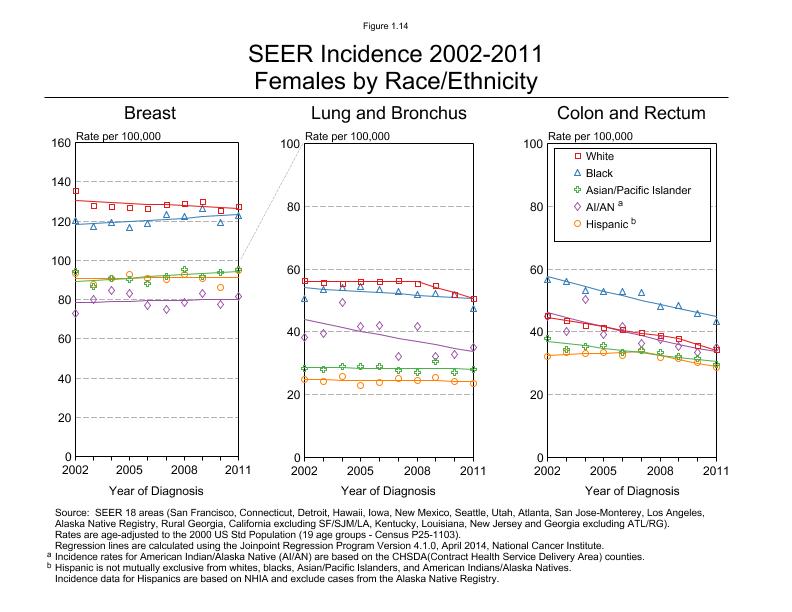 CSR Figure 1.14: SEER Incidence, Female by Race/Ethnicity (Breast, Lung and Colorectum)