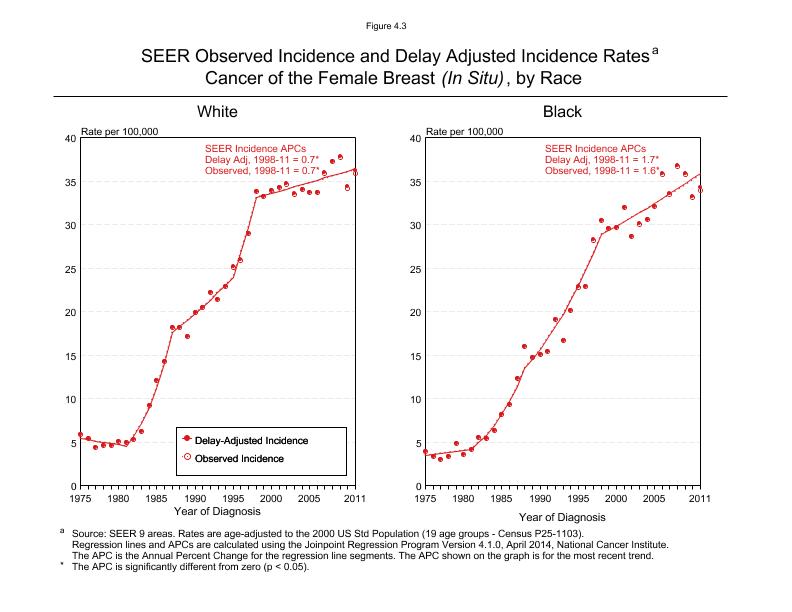 CSR Figure 4.3: SEER Incidence and Delay Adjusted Incidence by Race (In Situ cases)