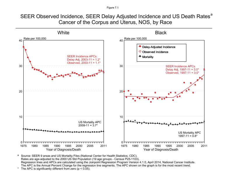 CSR Figure 7.1: SEER Incidence, Delay Adjusted Incidence and US Death Rates by Race