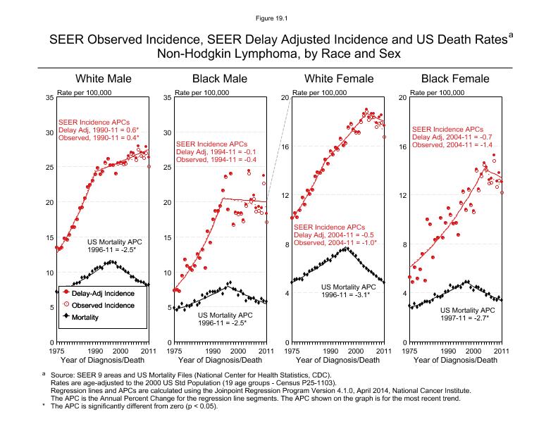 CSR Figure 19.1: SEER Incidence, Delay Adjusted Incidence and US Death Rates by Race and Sex