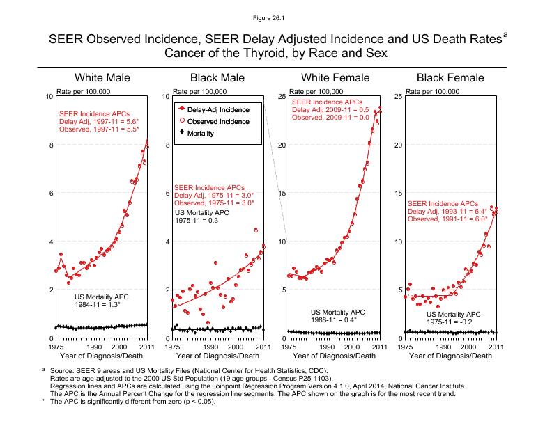 CSR Figure 26.1: SEER Incidence, Delay Adjusted Incidence and US Death Rates by Race and Sex