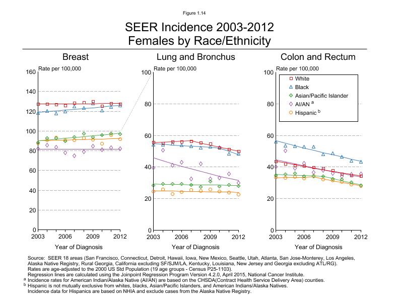 CSR Figure 1.14: SEER Incidence, Female by Race/Ethnicity (Breast, Lung and Colorectum)