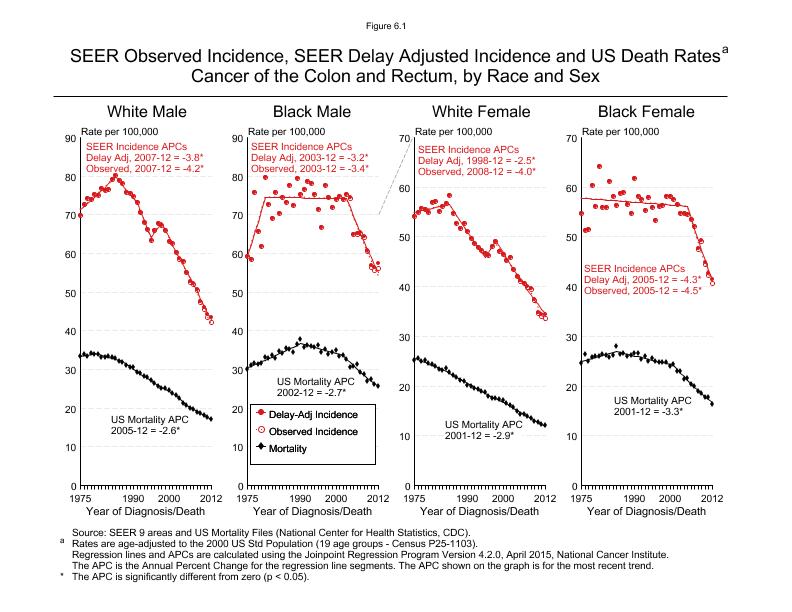 CSR Figure 6.1: SEER Incidence, Delay Adjusted Incidence and US Death Rates by Race and Sex