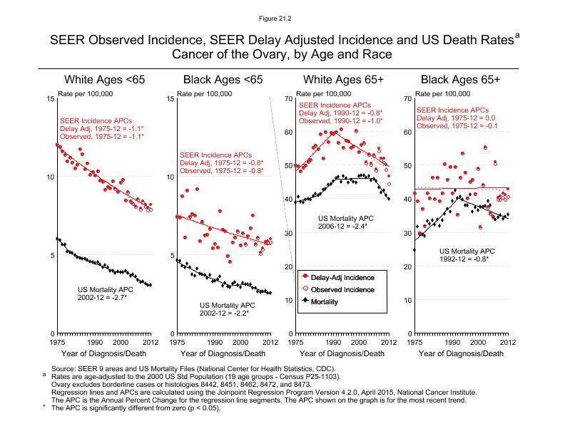 CSR Figure 21.2: SEER Incidence, Delay Adjusted Incidence and US Death Rates by Age and Race