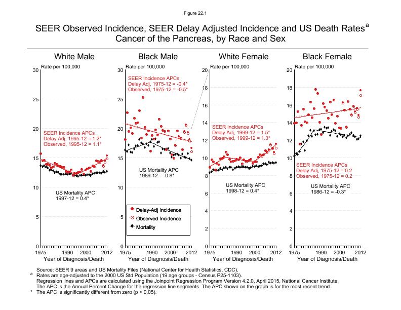 CSR Figure 22.1: SEER Incidence, Delay Adjusted Incidence and US Death Rates by Race and Sex