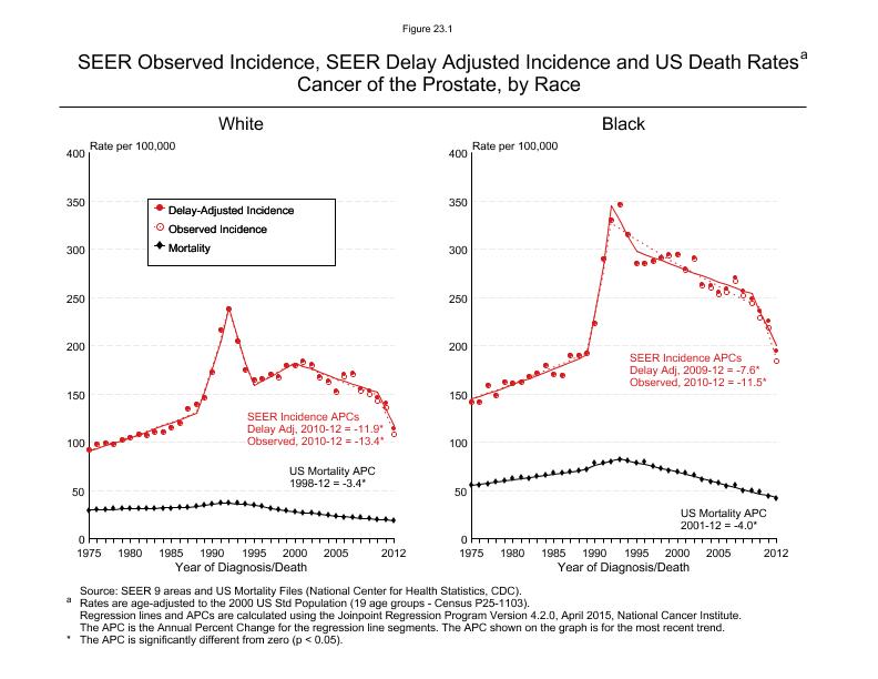 CSR Figure 23.1: SEER Incidence, Delay Adjusted Incidence and US Death Rates by Race