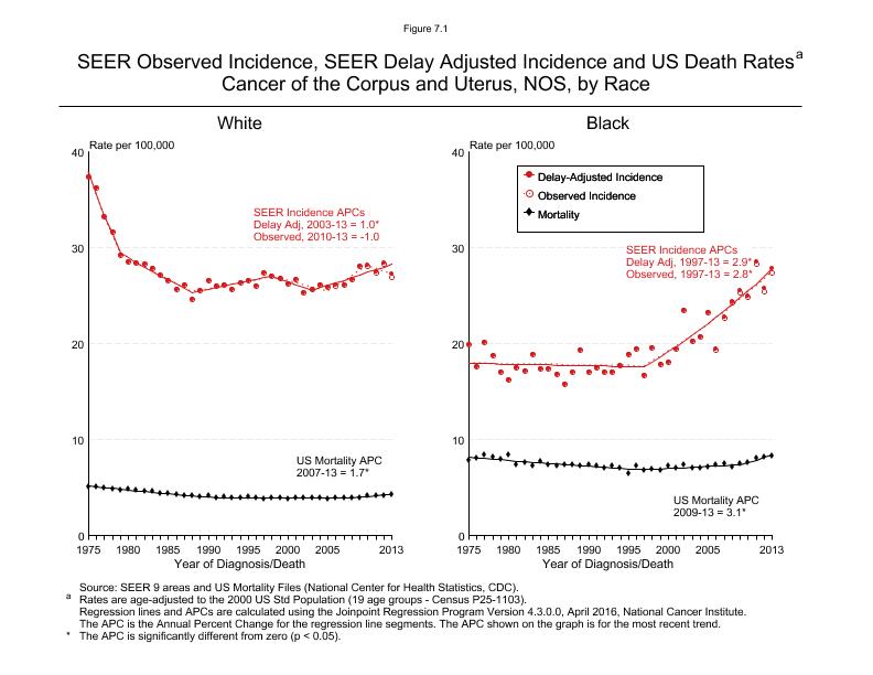 CSR Figure 7.1: SEER Incidence, Delay Adjusted Incidence and US Death Rates by Race