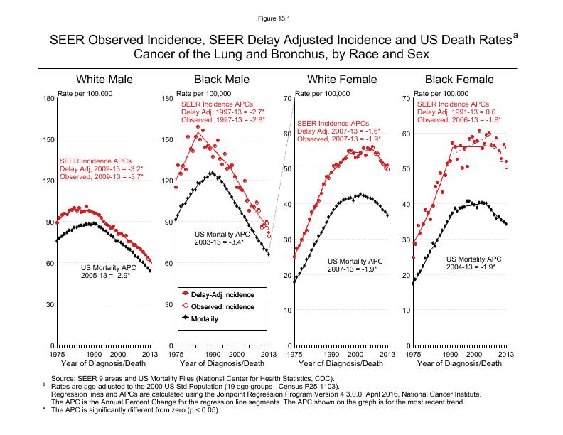 CSR Figure 15.1: SEER Incidence, Delay Adjusted Incidence and US Death Rates by Race and Sex