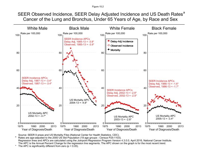 CSR Figure 15.2: SEER Incidence, Delay Adjusted Incidence and US Death Rates by Race and Sex (Ages <65)