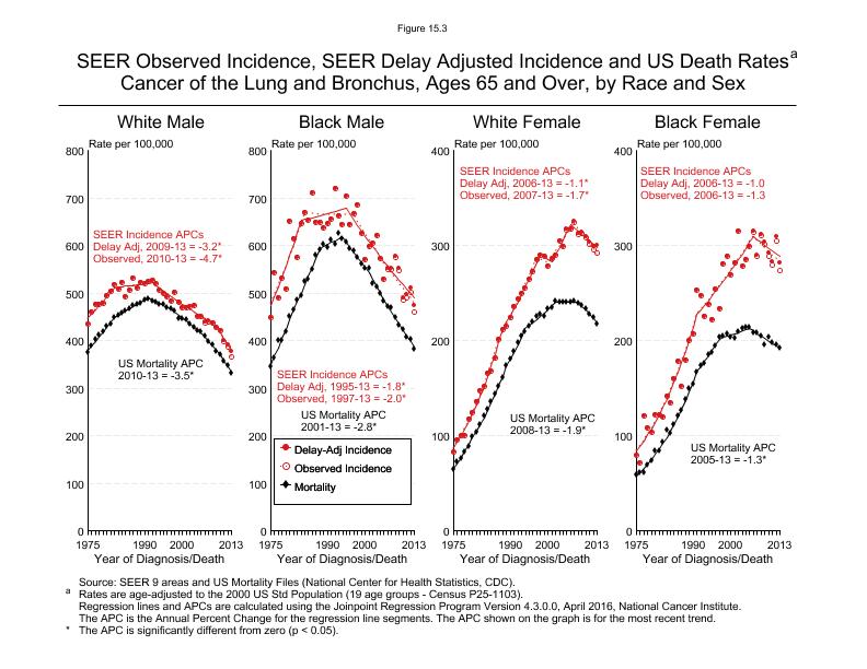 CSR Figure 15.3: SEER Incidence, Delay Adjusted Incidence and US Death Rates by Race and Sex (Ages 65+)