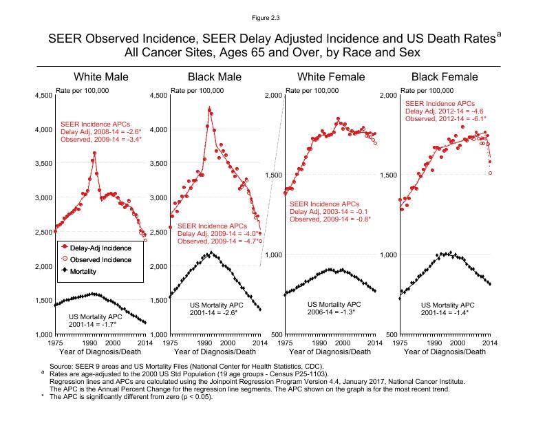 CSR Figure 2.3: SEER Incidence, Delay Adjusted Incidence and US Death Rates by Race and Sex (Ages 65+)