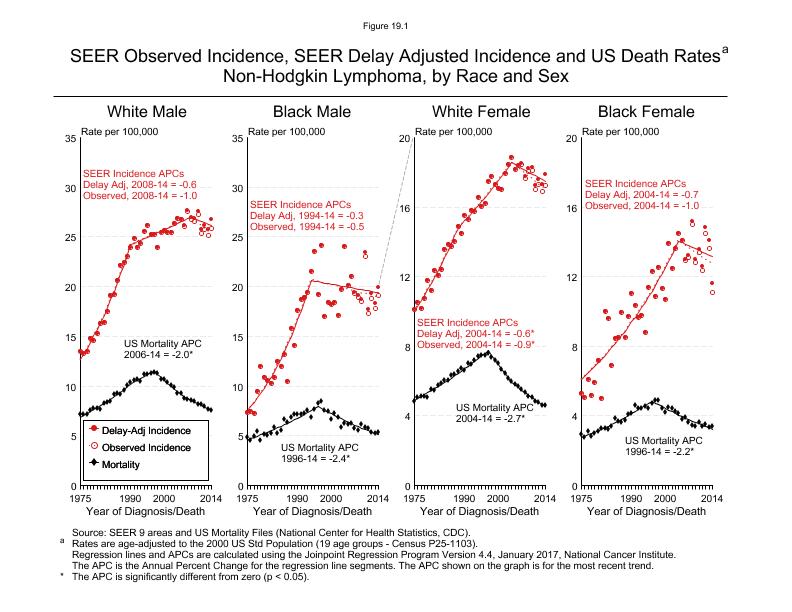 CSR Figure 19.1: SEER Incidence, Delay Adjusted Incidence and US Death Rates by Race and Sex