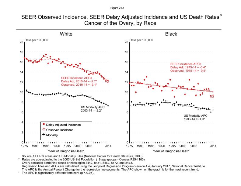 CSR Figure 21.1: SEER Incidence, Delay Adjusted Incidence and US Death Rates by Race