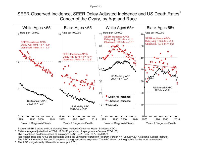 CSR Figure 21.2: SEER Incidence, Delay Adjusted Incidence and US Death Rates by Age and Race