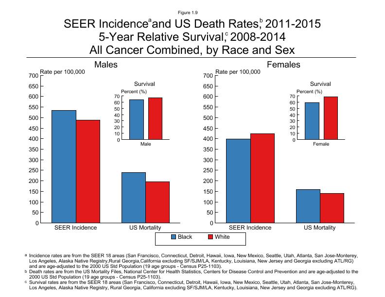 CSR Figure 1.9: SEER Incidence and US Death Rates, 5 Year Relative Survival By Race and Sex