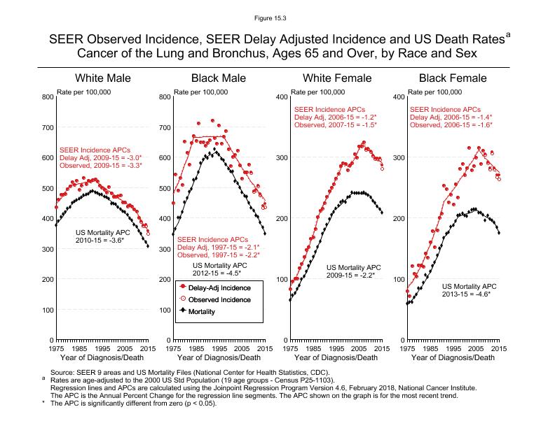CSR Figure 15.3: SEER Incidence, Delay Adjusted Incidence and US Death Rates by Race and Sex (Ages 65+)