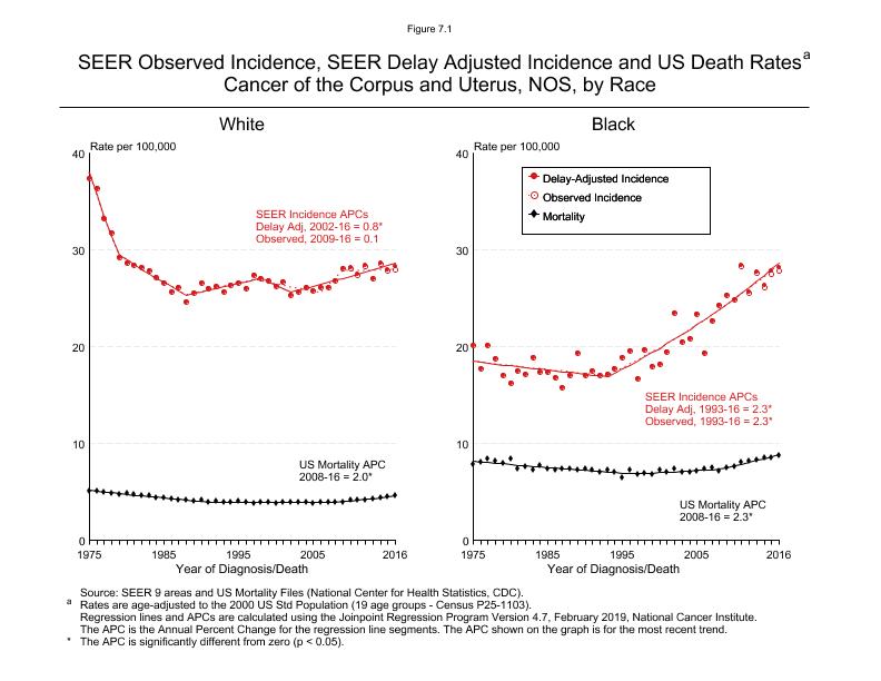 CSR Figure 7.1: SEER Incidence, Delay Adjusted Incidence and US Death Rates by Race