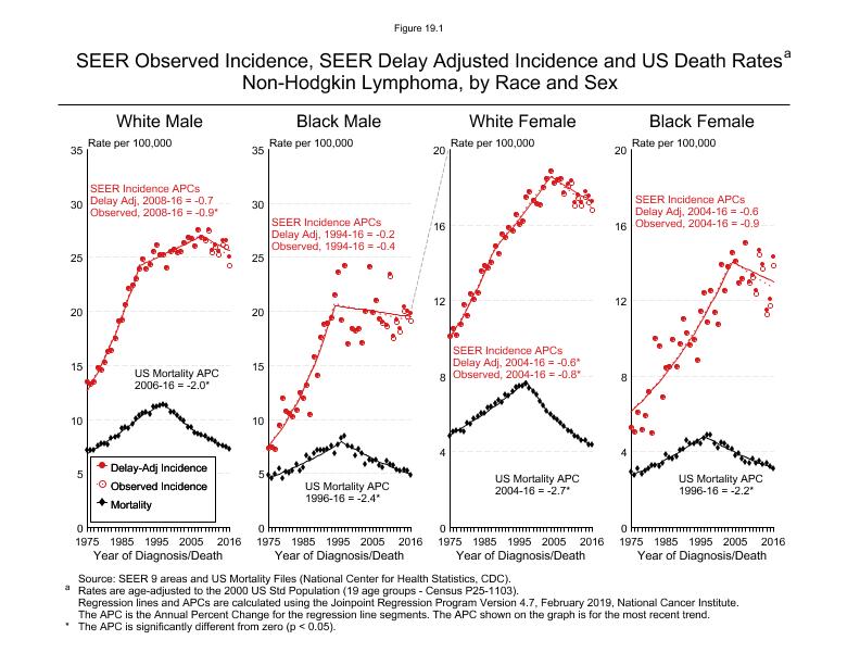 CSR Figure 19.1: SEER Incidence, Delay Adjusted Incidence and US Death Rates by Race and Sex