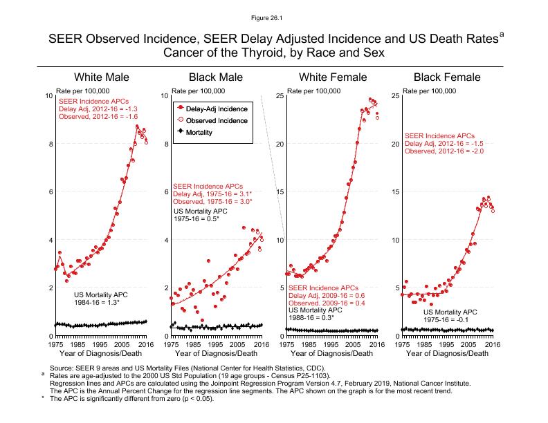 CSR Figure 26.1: SEER Incidence, Delay Adjusted Incidence and US Death Rates by Race and Sex