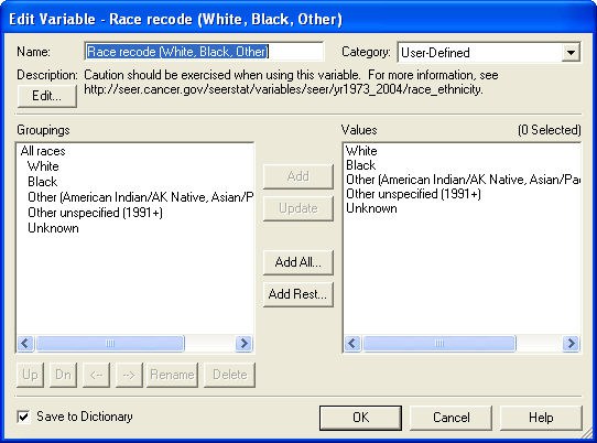 Edit Variable Dialog for Race Recode