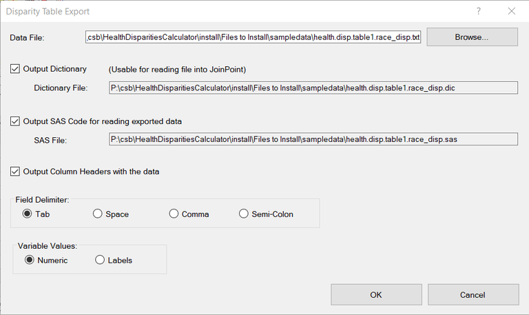 Disparity Table Export Dialog