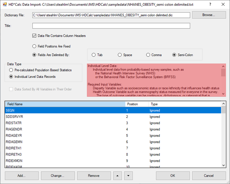 Data Import Dialog Screen for an Individual Survey