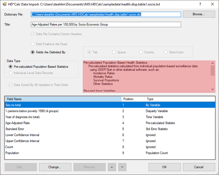 Data Import Dialog Screen for a SEER File 