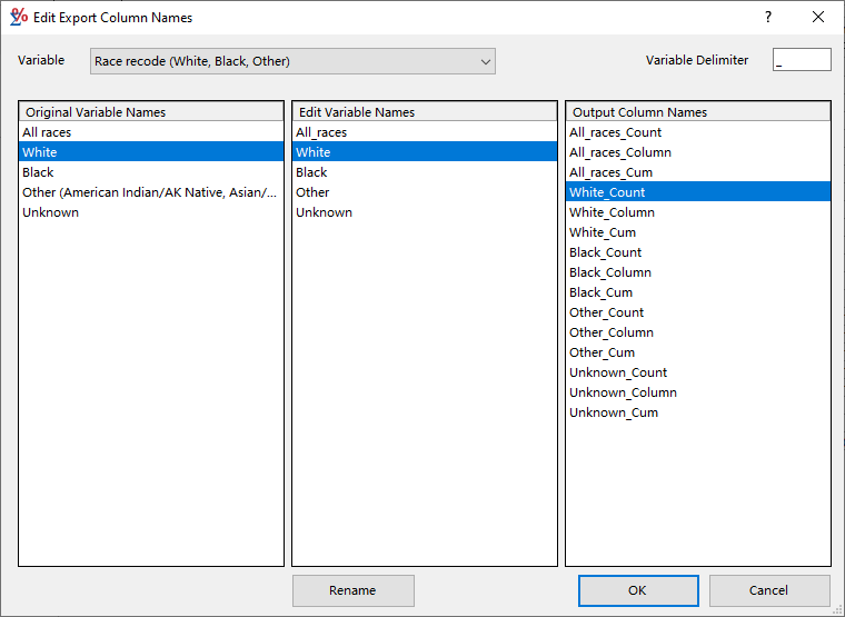 Edit Export Column Names dialog