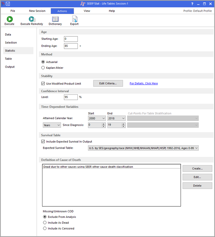 Left-truncated Life Tables Session Statistic tab