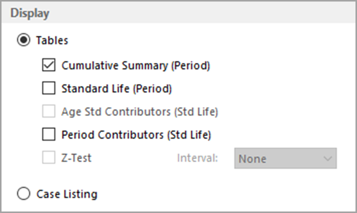 Display Options for Survival Parameters Tab