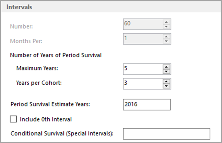Intervals Section of the Survival Session Parameters Tab