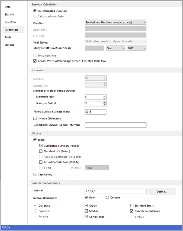 Parameters Tab for Survival Session