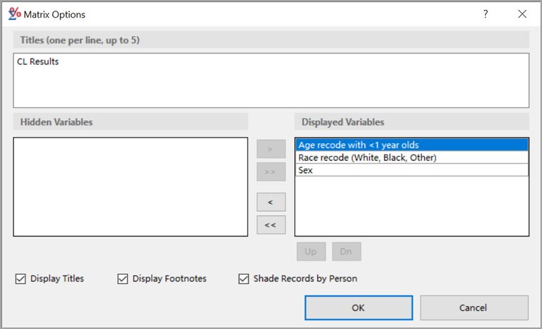 Case Listing Matrix Options Dialog