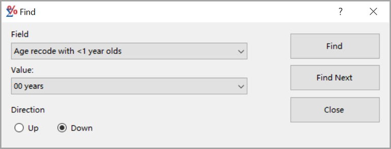 Find Dialog for Case Listing Matrix