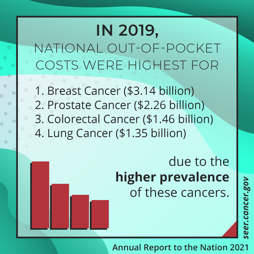 In 2019, national out-of-pocket costs were highest for breast ($3.14 billion), prostate ($2.26 billion), colorectal ($1.46 billion), and lung ($1.35 billion) cancers, reflecting the higher prevalence of these cancers.