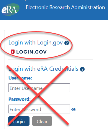 eRA Commons page with the Login.gov Login option cirecled for emphasis, with the eRA Commons credentials option crossed out