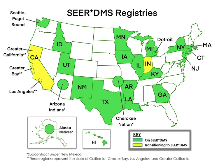 Map showing registries on SEER*DMS