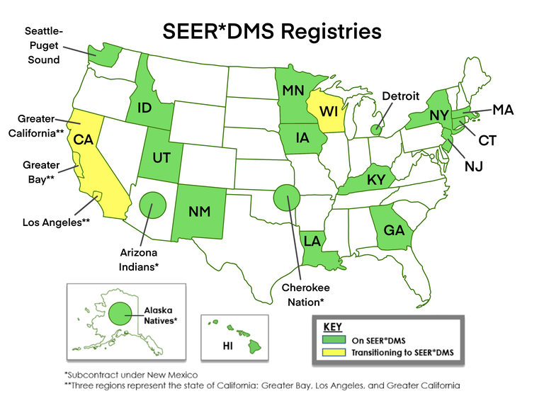 Map showing SEER*DMS registries